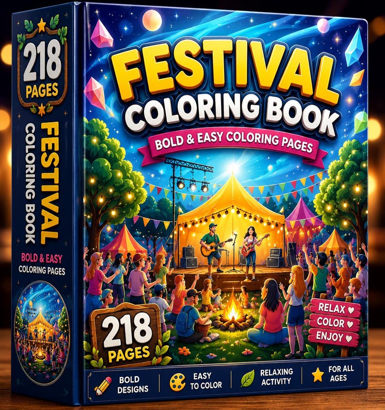 May include: A Festival Coloring Book with 218 pages featuring a dark blue cover with a vibrant illustration of a music festival at night, including a stage with performers, a campfire, a crowd, and the text "FESTIVAL COLORING BOOK BOLD & EASY".