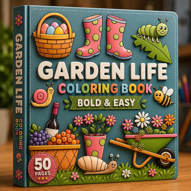 May include: A square coloring book titled Garden Life Coloring Book Bold & Easy with a teal cover featuring 3D-style illustrations of a basket of eggs, pink polka-dot boots, a caterpillar, a snail, a bee, flowers, and a wheelbarrow.