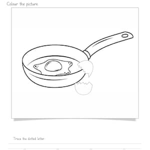 Peut inclure: Une fiche p&eacute;dagogique en noir et blanc intitul&eacute;e Topic: Letter 'e' Worksheet. Elle pr&eacute;sente un dessin au trait d'une po&ecirc;le avec un &oelig;uf au plat &agrave; l'int&eacute;rieur, des coquilles d'&oelig;uf bris&eacute;es et une section en bas pour tracer la lettre e minuscule.