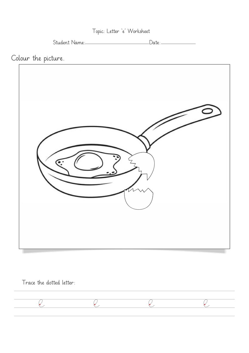 Peut inclure: Une fiche p&eacute;dagogique en noir et blanc intitul&eacute;e Topic: Letter 'e' Worksheet. Elle pr&eacute;sente un dessin au trait d'une po&ecirc;le avec un &oelig;uf au plat &agrave; l'int&eacute;rieur, des coquilles d'&oelig;uf bris&eacute;es et une section en bas pour tracer la lettre e minuscule.