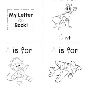 A printable coloring booklet page for the letter A with dotted tracing text and outlines of an ant, astronaut, and airplane.