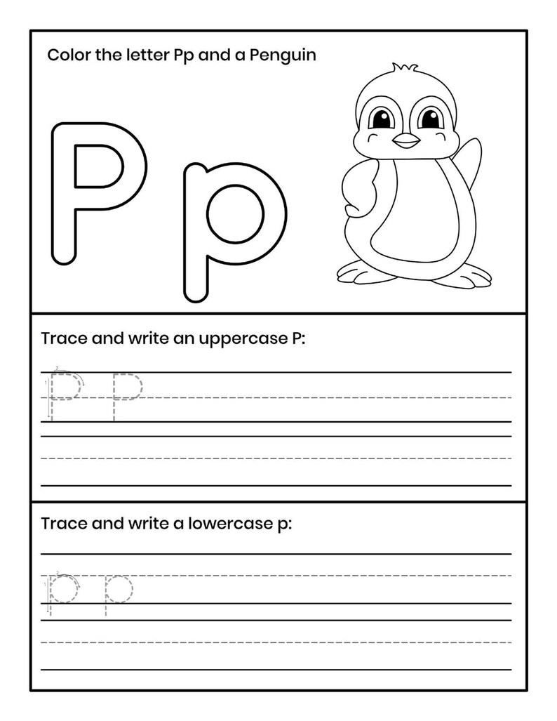 Pu&ograve; includere: Una scheda didattica in bianco e nero con il testo Color the letter Pp and a Penguin, il contorno delle lettere maiuscola e minuscola Pp, un pinguino in stile cartoon e righe per tracciare e scrivere la P maiuscola e la p minuscola.