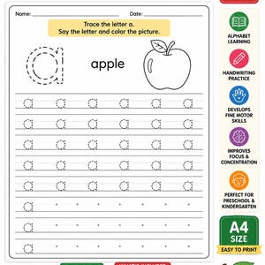 May include: A printable lowercase letter a tracing worksheet featuring a dashed letter a, the word apple, and an apple outline. The page includes rows for handwriting practice, a name and date field, and side panels with educational icons.