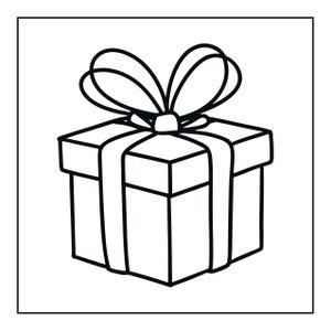 Peut inclure: Un dessin au trait noir et blanc repr&eacute;sentant une bo&icirc;te cadeau carr&eacute;e. La bo&icirc;te comporte un couvercle et un ruban d&eacute;coratif enroul&eacute; autour du centre, nou&eacute; en un grand n&oelig;ud sur le dessus. L'illustration utilise des contours nets et &eacute;pais.