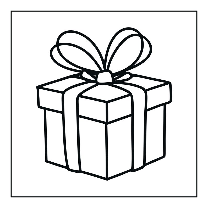 Peut inclure: Un dessin au trait noir et blanc repr&eacute;sentant une bo&icirc;te cadeau carr&eacute;e. La bo&icirc;te comporte un couvercle et un ruban d&eacute;coratif enroul&eacute; autour du centre, nou&eacute; en un grand n&oelig;ud sur le dessus. L'illustration utilise des contours nets et &eacute;pais.