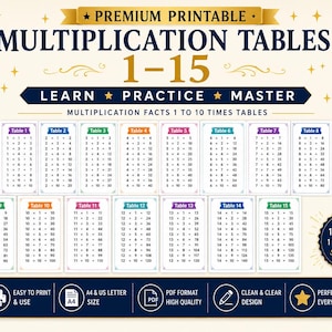Peut inclure: Un tableau &eacute;ducatif imprimable pr&eacute;sentant les tables de multiplication de 1 &agrave; 15. Le design comprend quinze cartes blanches individuelles avec des en-t&ecirc;tes color&eacute;s, affichant les faits math&eacute;matiques de 1 &agrave; 10. Texte : Premium Printable Multiplication Tables 1-15.