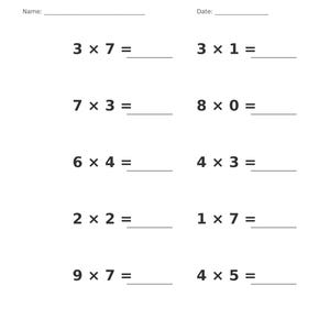 May include: A white educational worksheet titled Multiplication &bull; Single Digit with blank lines for Name and Date. It features ten black printed maths problems including 3x7, 3x1, 7x3, 8x0, 6x4, 4x3, 2x2, 1x7, 9x7, and 4x5, each followed by an equals sign and a blank line.