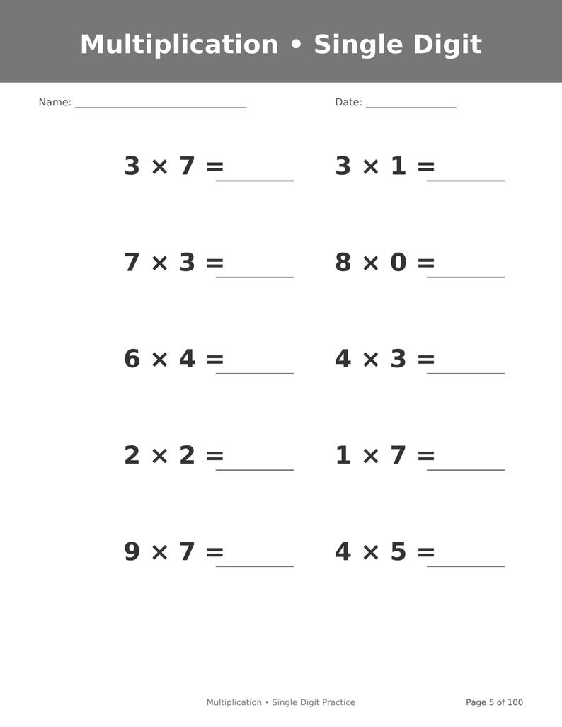 May include: A white educational worksheet titled Multiplication &bull; Single Digit with blank lines for Name and Date. It features ten black printed maths problems including 3x7, 3x1, 7x3, 8x0, 6x4, 4x3, 2x2, 1x7, 9x7, and 4x5, each followed by an equals sign and a blank line.