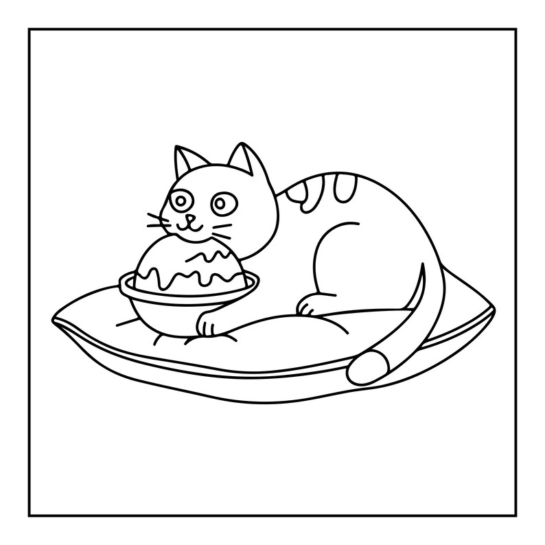 以下が含まれることがあります： 縞模様のある猫が長方形のクッションの上で休んでいる白黒の線画イラスト。猫は前足と口の間に、表面が波打った丸い食べ物が入った小さなボウルを抱えています。