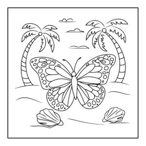 以下が含まれることがあります： 中央に大きな蝶が描かれた、白黒の線画の塗り絵ページです。蝶の両脇にはヤシの木が2本あり、その下には貝殻が2つ置かれています。空には小さな雲がいくつか描かれています。