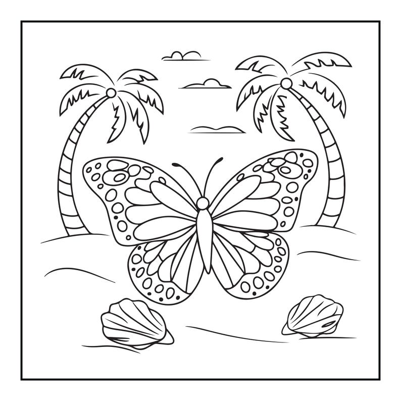 以下が含まれることがあります： 中央に大きな蝶が描かれた、白黒の線画の塗り絵ページです。蝶の両脇にはヤシの木が2本あり、その下には貝殻が2つ置かれています。空には小さな雲がいくつか描かれています。