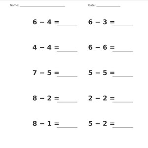 May include: A white educational worksheet titled Subtraction &bull; Single Digit with a gray header. It features ten math problems with blank lines for answers, plus spaces for Name and Date. The bottom footer reads Subtraction &bull; Single Digit Practice and Page 18 of 100.