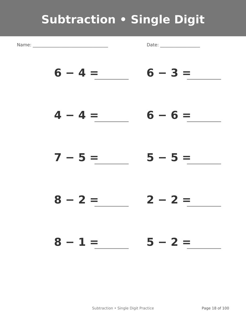May include: A white educational worksheet titled Subtraction &bull; Single Digit with a gray header. It features ten math problems with blank lines for answers, plus spaces for Name and Date. The bottom footer reads Subtraction &bull; Single Digit Practice and Page 18 of 100.