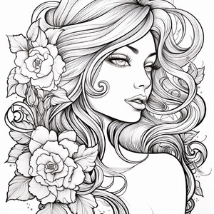 May include: A black and white line art illustration featuring a profile view of a person with long, flowing, wavy hair adorned with large, detailed floral blossoms. The drawing uses intricate linework to define the facial features and hair.