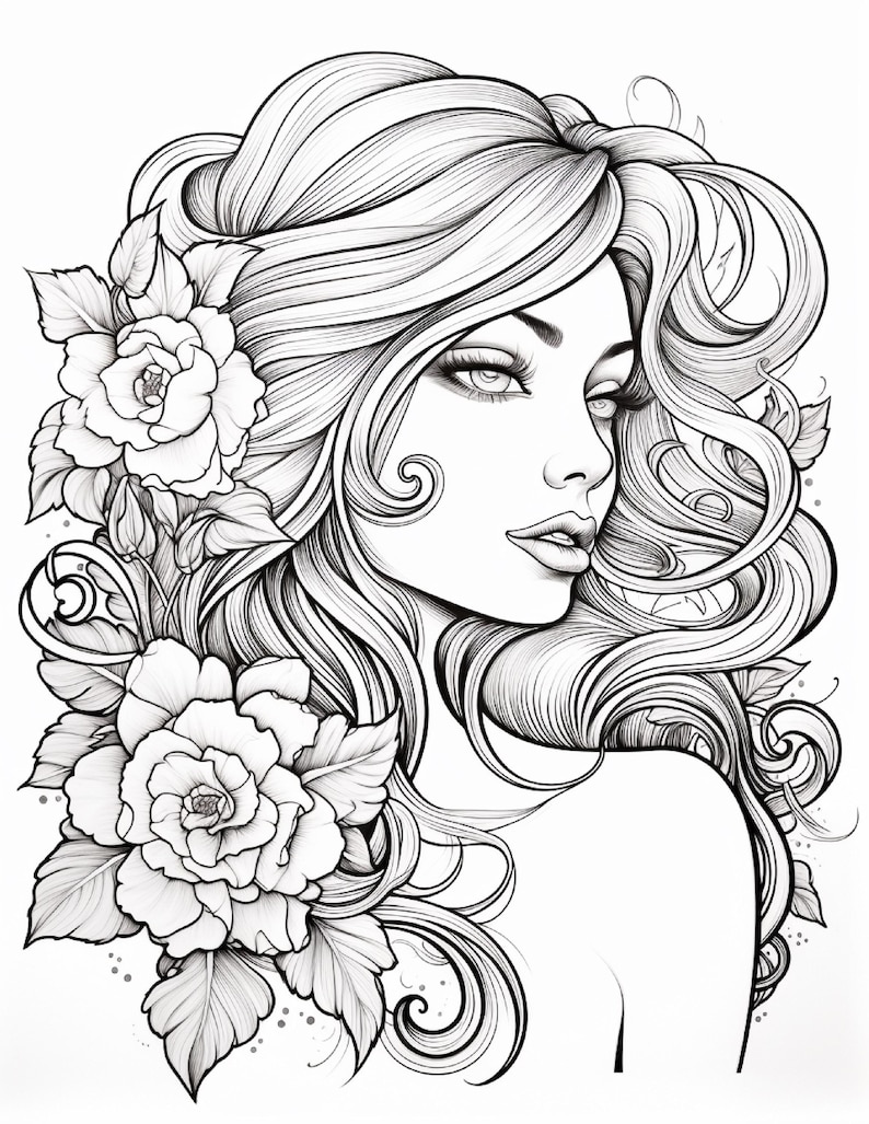 May include: A black and white line art illustration featuring a profile view of a person with long, flowing, wavy hair adorned with large, detailed floral blossoms. The drawing uses intricate linework to define the facial features and hair.