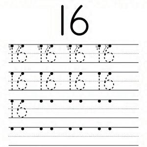 Peut inclure: Une feuille d'exercices &eacute;ducative blanche intitul&eacute;e Number Tracing The Number 16. La page pr&eacute;sente un grand chiffre 16 en haut, suivi de trois lignes de chiffres 16 en pointill&eacute;s avec des fl&egrave;ches directionnelles et des points de d&eacute;part.