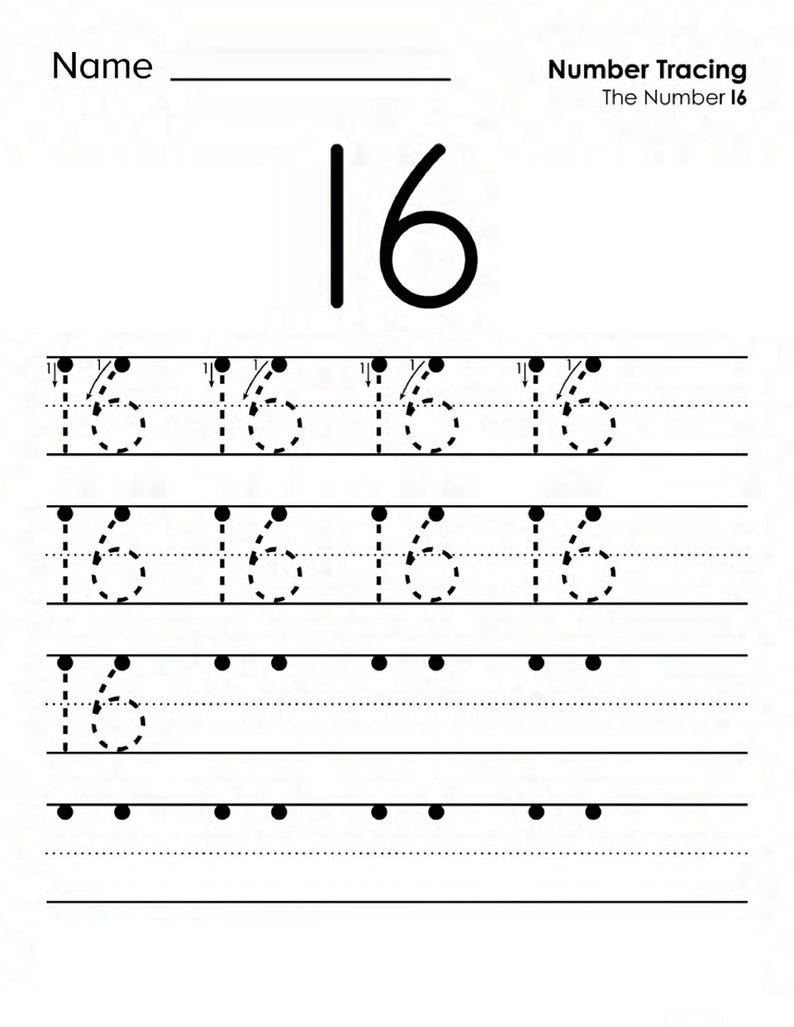 Peut inclure: Une feuille d'exercices &eacute;ducative blanche intitul&eacute;e Number Tracing The Number 16. La page pr&eacute;sente un grand chiffre 16 en haut, suivi de trois lignes de chiffres 16 en pointill&eacute;s avec des fl&egrave;ches directionnelles et des points de d&eacute;part.
