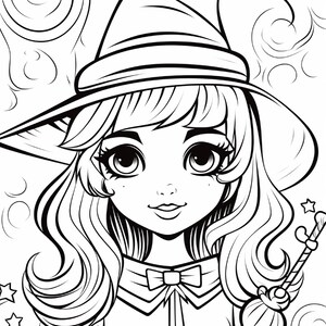 May include: A black and white line art colouring page illustration featuring a character wearing a pointed witch hat with long wavy hair, large eyes, and a bow tie at the collar. The background includes swirling patterns and small star shapes.