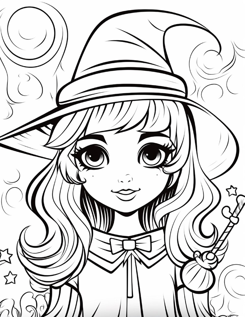 May include: A black and white line art colouring page illustration featuring a character wearing a pointed witch hat with long wavy hair, large eyes, and a bow tie at the collar. The background includes swirling patterns and small star shapes.