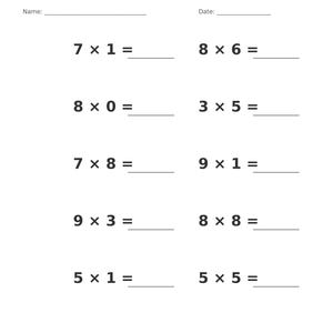 May include: A white educational worksheet titled Multiplication &bull; Single Digit with a grey header. It features ten math problems with blank lines for answers, including 7x1, 8x6, 8x0, 3x5, 7x8, 9x1, 9x3, 8x8, 5x1, and 5x5. Includes Name and Date fields.
