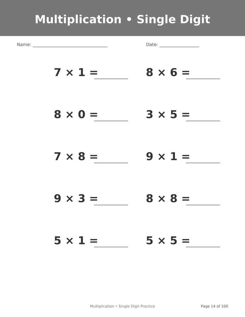 May include: A white educational worksheet titled Multiplication &bull; Single Digit with a grey header. It features ten math problems with blank lines for answers, including 7x1, 8x6, 8x0, 3x5, 7x8, 9x1, 9x3, 8x8, 5x1, and 5x5. Includes Name and Date fields.