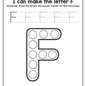 A black and white tracing and dot marker worksheet for the letter F featuring a fox outline filled with circles.