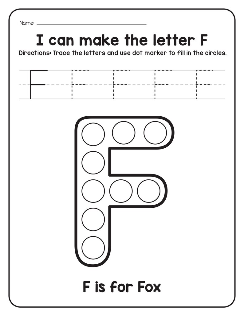 A black and white tracing and dot marker worksheet for the letter F featuring a fox outline filled with circles.