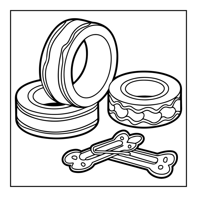 May include: A black and white line art illustration featuring three rolls of adhesive tape and two bone-shaped paper clips. Two rolls of tape are stacked, while the third roll sits to the right. The bone-shaped clips are crossed in the foreground.