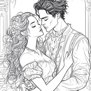 以下が含まれることがあります： 親密に抱き合う二人の人物を描いた白黒の線画イラスト。一人は花で飾られた長いウェーブのかかった髪をしており、パフスリーブのドレスを着ている。もう一人は短いウェーブのかかった髪で、襟付きのシャツを着ている。