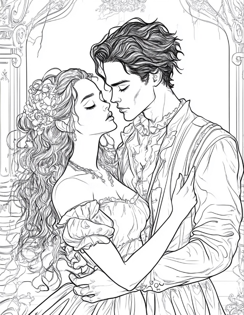 以下が含まれることがあります： 親密に抱き合う二人の人物を描いた白黒の線画イラスト。一人は花で飾られた長いウェーブのかかった髪をしており、パフスリーブのドレスを着ている。もう一人は短いウェーブのかかった髪で、襟付きのシャツを着ている。