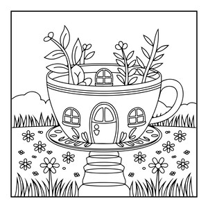 Peut inclure: Une page de coloriage en noir et blanc repr&eacute;sentant une tasse de th&eacute; en forme de petite maison avec une porte et des fen&ecirc;tres. La tasse repose sur un socle entour&eacute; de fleurs et d'herbe, avec des tiges de plantes feuillues sortant du haut.