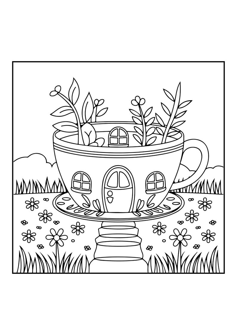 Peut inclure: Une page de coloriage en noir et blanc repr&eacute;sentant une tasse de th&eacute; en forme de petite maison avec une porte et des fen&ecirc;tres. La tasse repose sur un socle entour&eacute; de fleurs et d'herbe, avec des tiges de plantes feuillues sortant du haut.