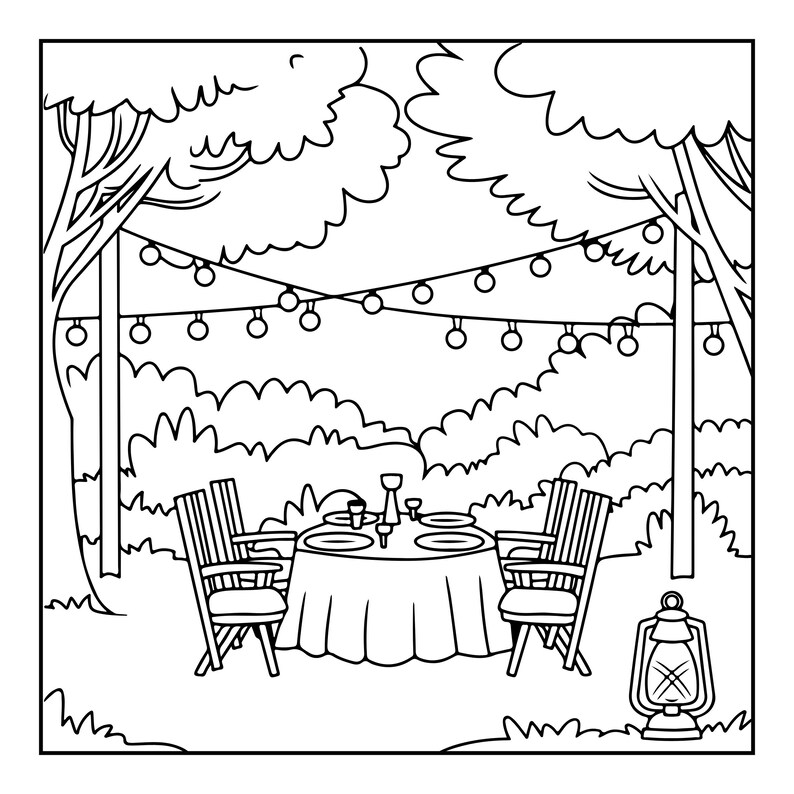 May include: A black and white line art illustration of an outdoor dining scene featuring a round table with a tablecloth, two chairs, and place settings. String lights hang between trees above the table, and a lantern sits on the ground nearby.