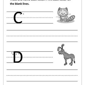 May include: A black and white educational worksheet with the text Name, Trace and name each letter. Print each letter on the blank lines. It features the uppercase letter C with a cat illustration and the uppercase letter D with a donkey illustration.