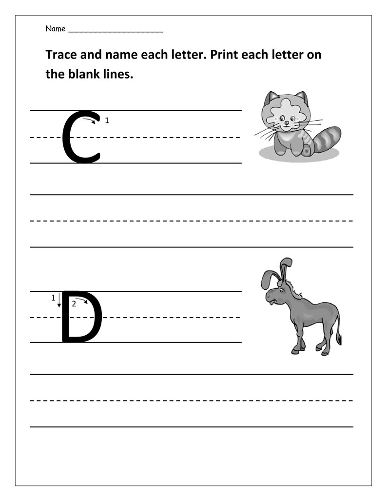May include: A black and white educational worksheet with the text Name, Trace and name each letter. Print each letter on the blank lines. It features the uppercase letter C with a cat illustration and the uppercase letter D with a donkey illustration.