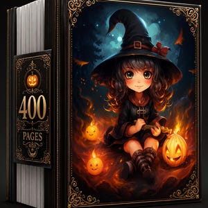 May include: A thick hardback book with 400 pages, featuring a black cover with gold filigree borders. The front cover displays an illustration of a character in a witch hat sitting among glowing jack-o'-lanterns and flames in a dark forest.