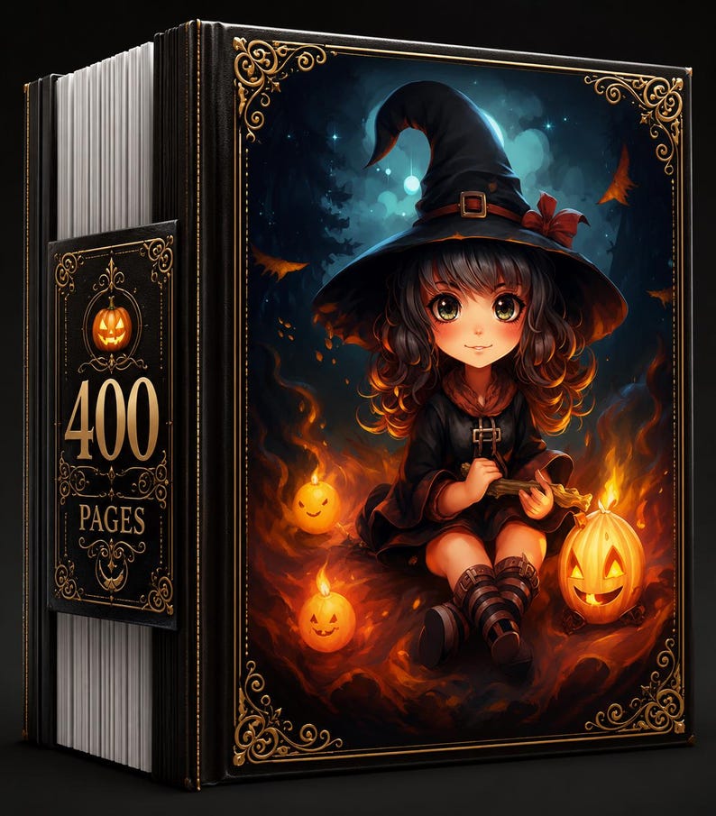 May include: A thick hardback book with 400 pages, featuring a black cover with gold filigree borders. The front cover displays an illustration of a character in a witch hat sitting among glowing jack-o'-lanterns and flames in a dark forest.