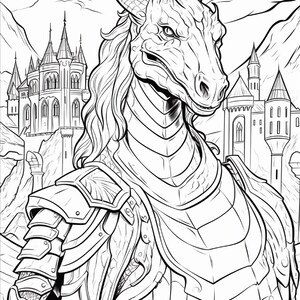 K&ouml;nnte beinhalten: Eine schwarz-wei&szlig;e Strichzeichnung eines Drachen, der eine segmentierte Plattenr&uuml;stung tr&auml;gt. Der Drache hat H&ouml;rner und einen langen Hals und ist vor einer gro&szlig;en Burg mit mehreren T&uuml;rmen und Spitzen in einer Berglandschaft dargestellt.