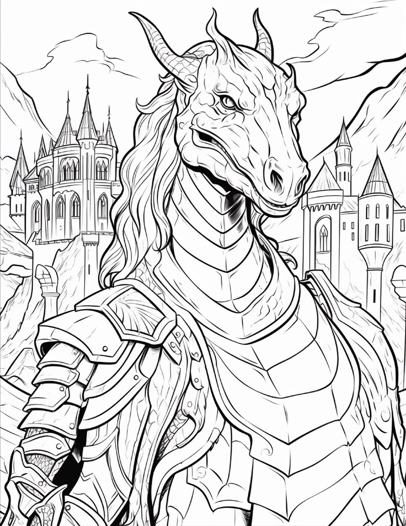 K&ouml;nnte beinhalten: Eine schwarz-wei&szlig;e Strichzeichnung eines Drachen, der eine segmentierte Plattenr&uuml;stung tr&auml;gt. Der Drache hat H&ouml;rner und einen langen Hals und ist vor einer gro&szlig;en Burg mit mehreren T&uuml;rmen und Spitzen in einer Berglandschaft dargestellt.