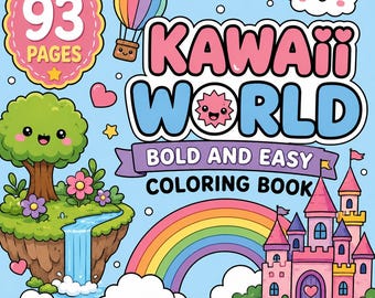 Kawaii World Coloring Book, 93 Pages Bold Easy Designs (Digital Download)