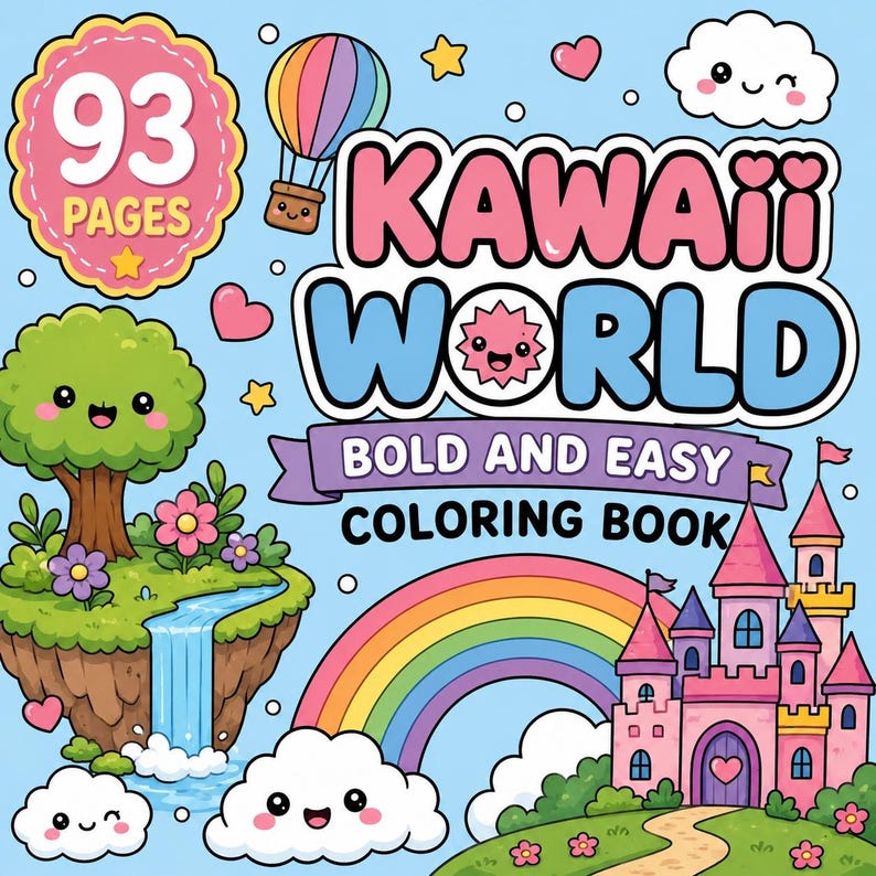 May include: A coloring book cover titled Kawaii World Bold and Easy Coloring Book with 93 pages. The illustration features a floating island with a tree, waterfall, and flowers, a rainbow, a pink castle, a hot air balloon, and smiling clouds.