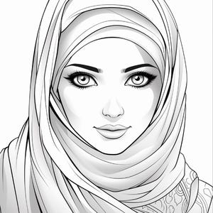 Pu&ograve; includere: Un'illustrazione in bianco e nero a tratto di un volto che indossa un hijab. Il disegno presenta tratti del viso dettagliati, tra cui sopracciglia, ciglia e labbra definite, con il tessuto del velo drappeggiato in morbide pieghe.