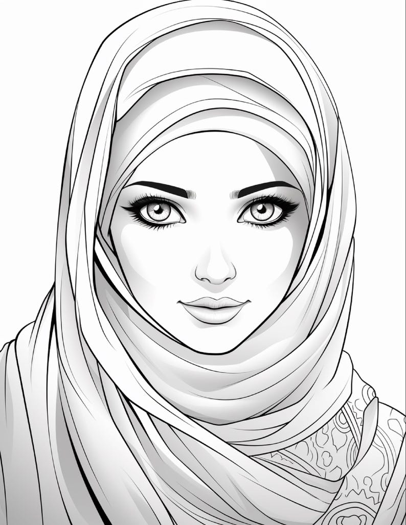 Pu&ograve; includere: Un'illustrazione in bianco e nero a tratto di un volto che indossa un hijab. Il disegno presenta tratti del viso dettagliati, tra cui sopracciglia, ciglia e labbra definite, con il tessuto del velo drappeggiato in morbide pieghe.