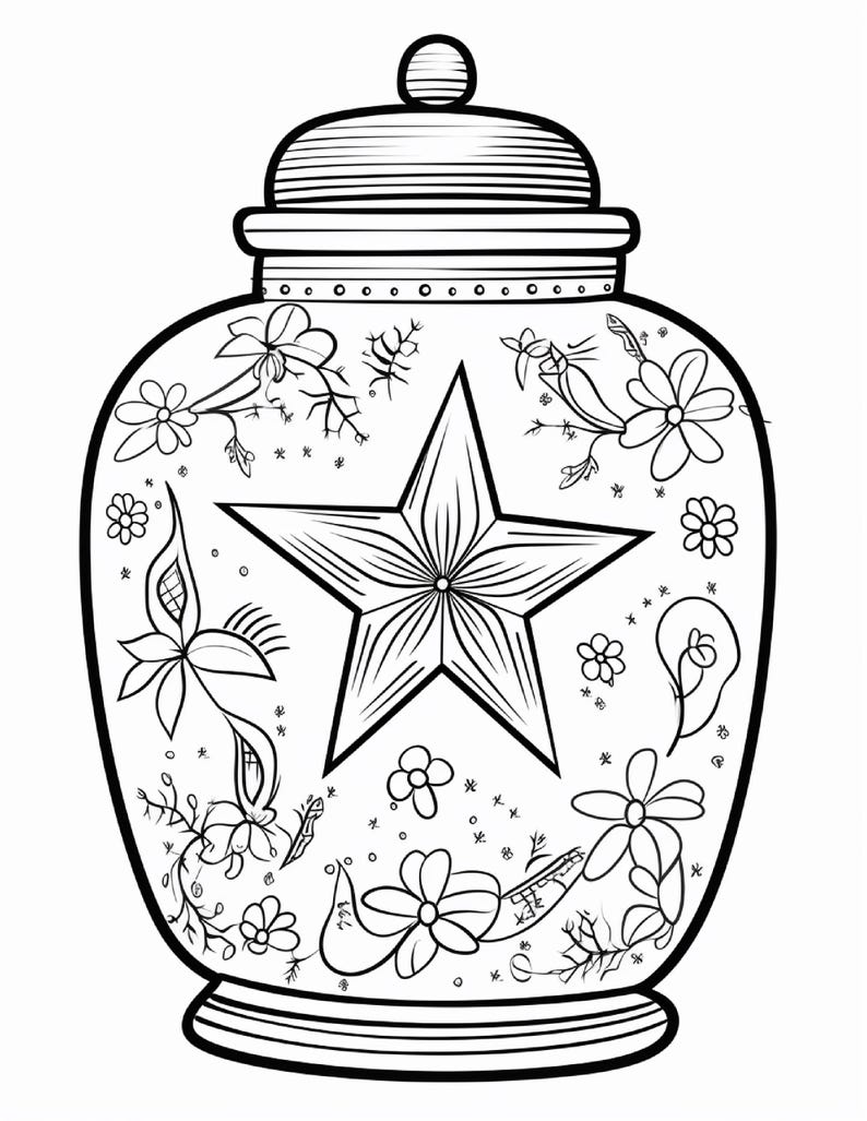 K&ouml;nnte beinhalten: Eine schwarz-wei&szlig;e Strichzeichnung eines Gef&auml;&szlig;es mit Deckel, das einen gro&szlig;en zentralen Stern umgeben von verschiedenen Blumen- und Pflanzenmotiven zeigt. Das Gef&auml;&szlig; hat einen bauchigen K&ouml;rper, einen ausgestellten Fu&szlig; und einen gew&ouml;lbten Deckel.