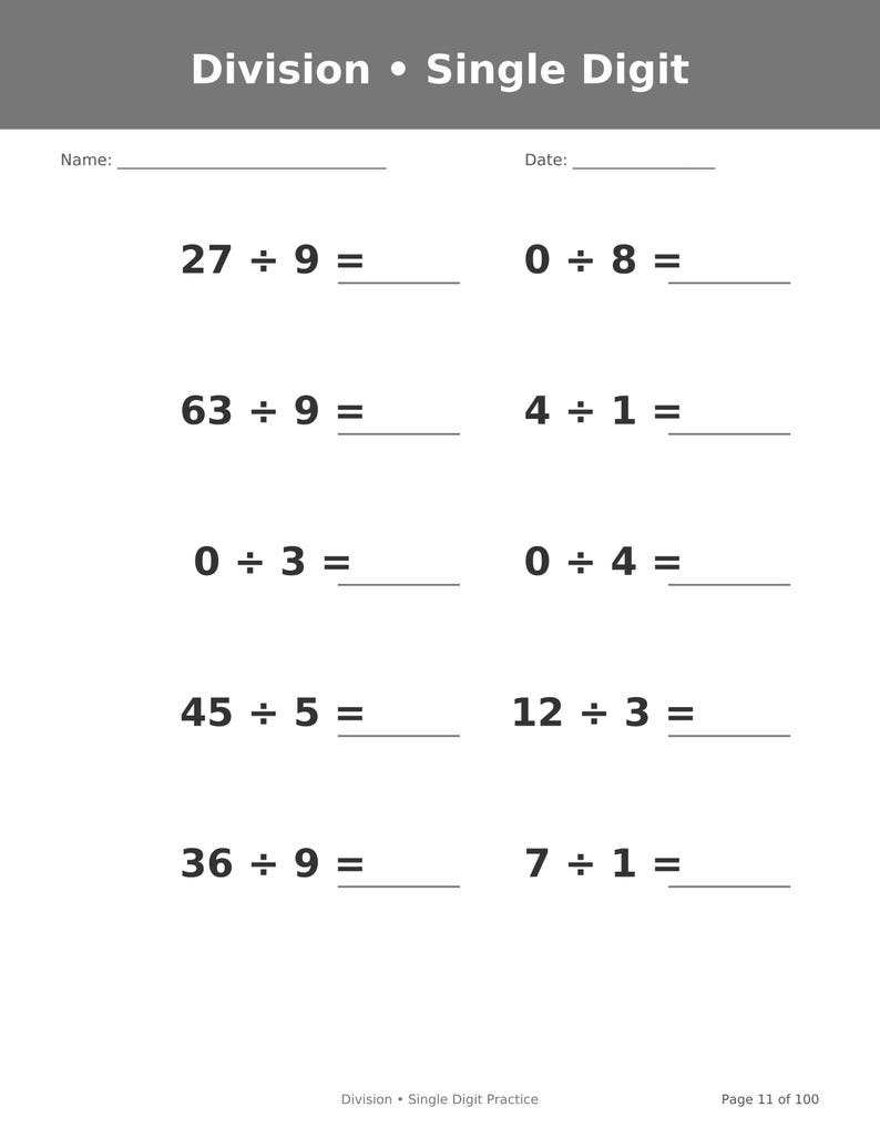 May include: A white educational worksheet titled Division &bull; Single Digit with blank lines for Name and Date. It features ten math problems including 27 &divide; 9, 63 &divide; 9, 0 &divide; 3, 45 &divide; 5, 36 &divide; 9, 0 &divide; 8, 4 &divide; 1, 0 &divide; 4, 12 &divide; 3, and 7 &divide; 1, with space to write answers.