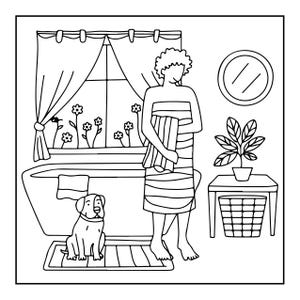 K&ouml;nnte beinhalten: Eine schwarz-wei&szlig;e Strichzeichnung einer Badeszene mit einer in ein Handtuch gewickelten Person, die neben einer Badewanne steht. Ein Hund sitzt auf einer Badematte. Ein Fenster mit Vorh&auml;ngen, ein runder Spiegel und eine Topfpflanze sind zu sehen.
