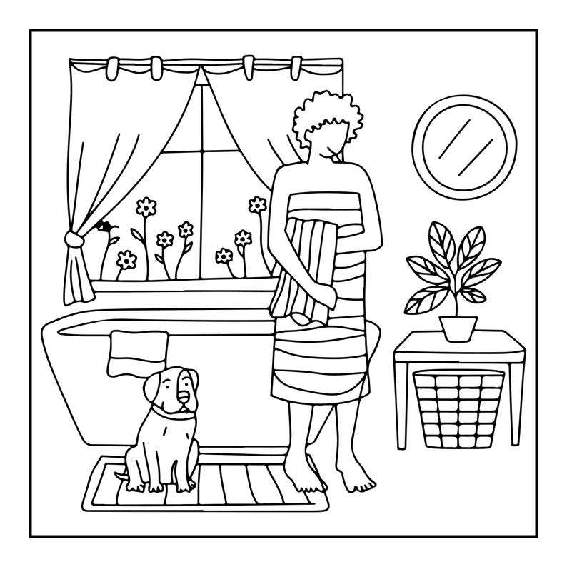 K&ouml;nnte beinhalten: Eine schwarz-wei&szlig;e Strichzeichnung einer Badeszene mit einer in ein Handtuch gewickelten Person, die neben einer Badewanne steht. Ein Hund sitzt auf einer Badematte. Ein Fenster mit Vorh&auml;ngen, ein runder Spiegel und eine Topfpflanze sind zu sehen.