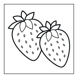 May include: A black and white line art illustration of two strawberries. Each strawberry features a leafy green top and a rounded body covered in small, evenly spaced seed markings. The design is presented as a simple, clean outline drawing.