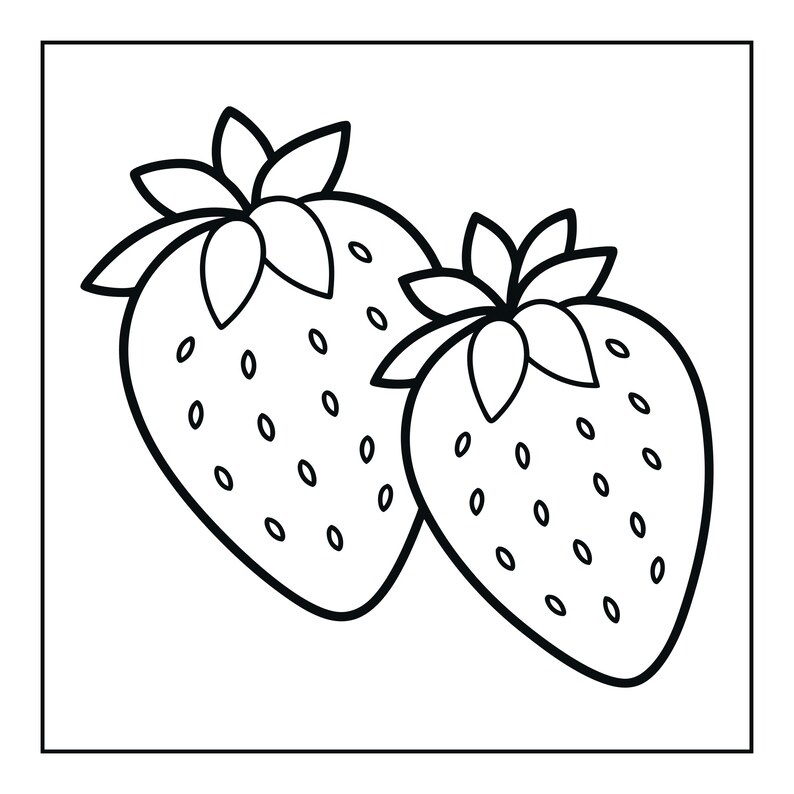 May include: A black and white line art illustration of two strawberries. Each strawberry features a leafy green top and a rounded body covered in small, evenly spaced seed markings. The design is presented as a simple, clean outline drawing.