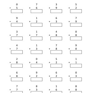 May include: A black and white educational worksheet titled Math - Addition Single Digit. The page features a grid of twenty-eight single-digit addition problems arranged in four columns, each with a blank rectangular box for the answer.